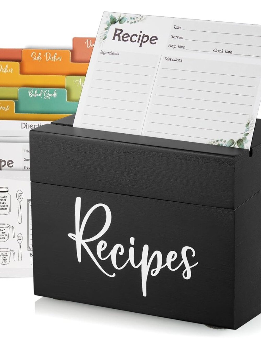 Recipe Box, Wooden Recipe Organizer,Black Recipe Holder Box with 50 Recipe Cards